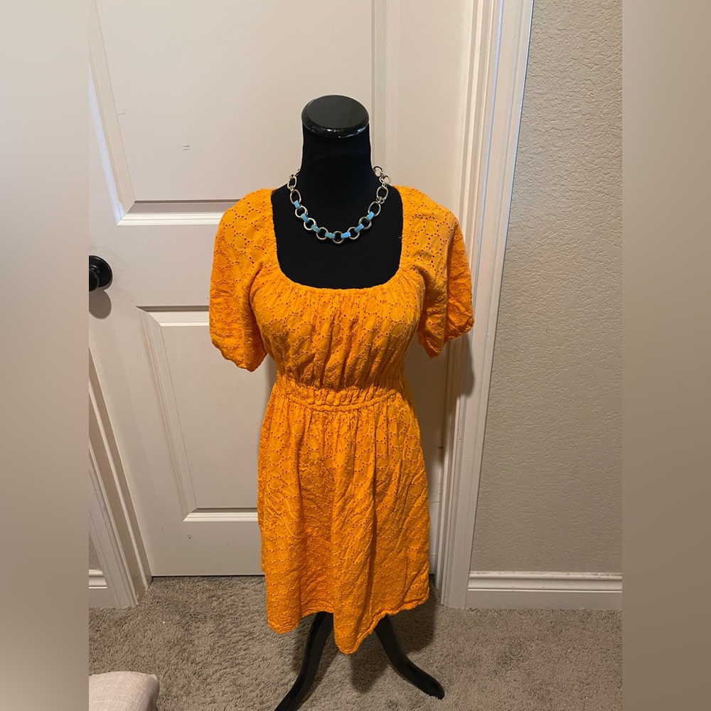 Orange Puff Sleeve Square Neck Sundress